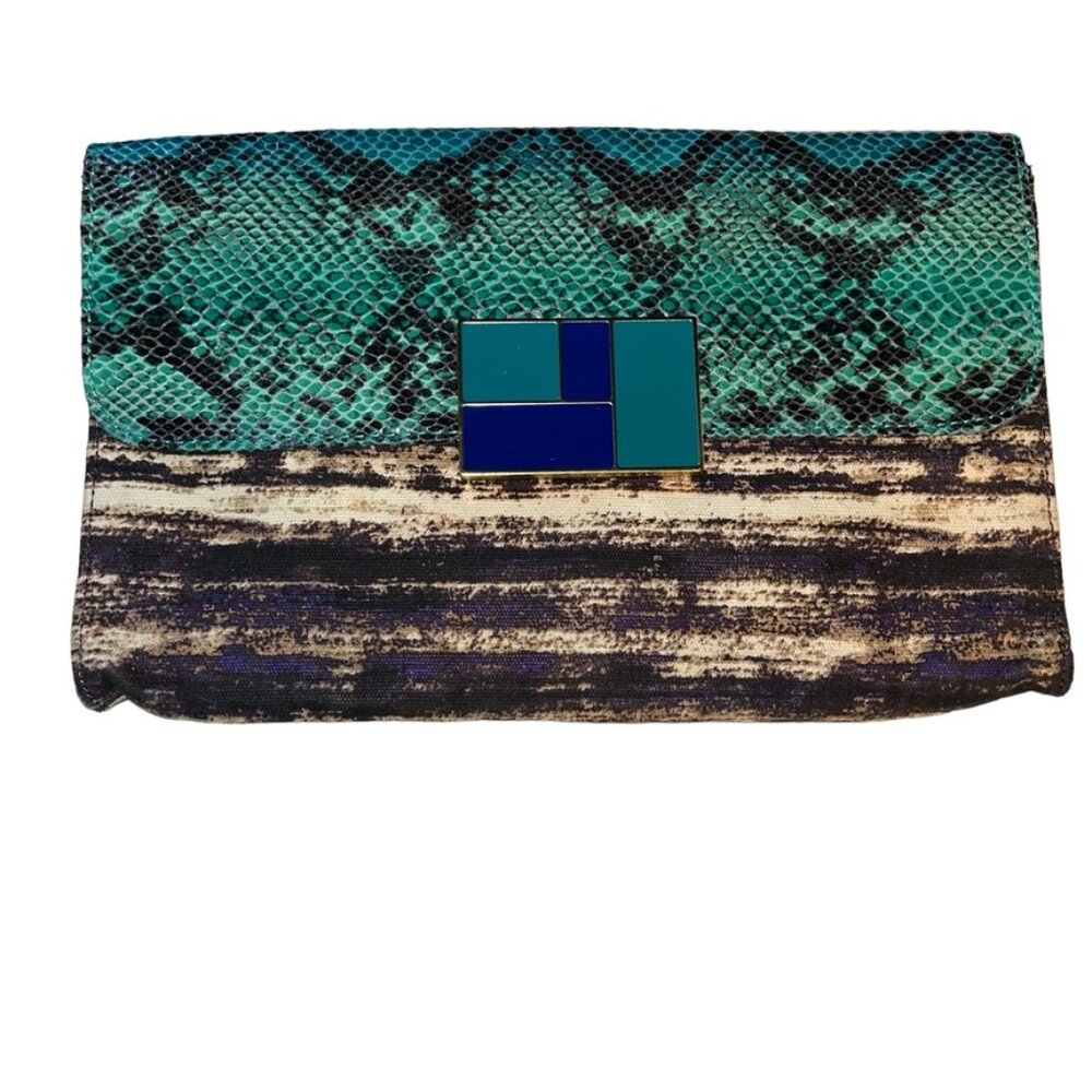 Duro Olowu Mixed Print turquoise snake painted Kente fabric clutch bag